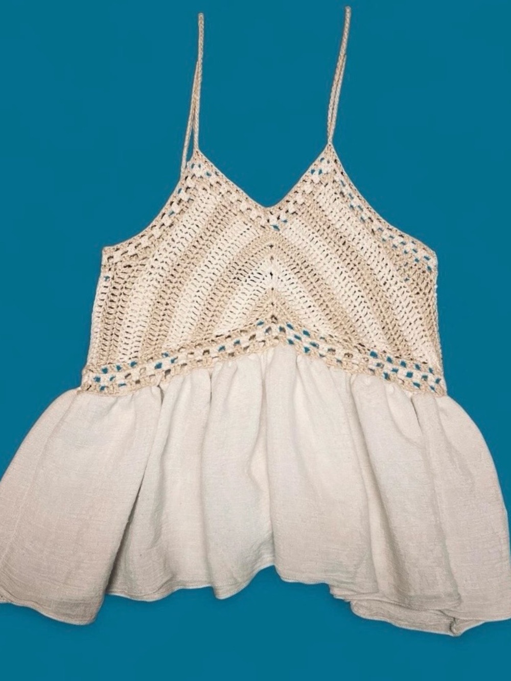 Cute Miss Valley Cream Crochet Tank Top with Flowy Bottom Sz S Boho Festival